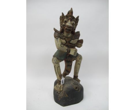 Painted and Carved Wooden Stick Holder as a Grotesque Mythological Figures, 63.5cm.