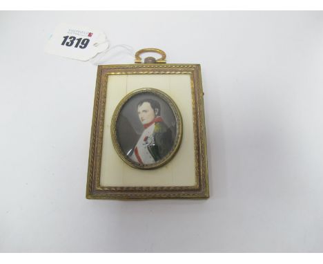 An Early XX Century Portrait Miniature of Napoleon, wearing a green jacket, red and white waistcoat, in ivory piano key and g