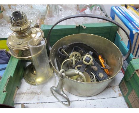 A XIX Century Brass Jam Pan, with iron loop handle, 28.5cm diameter, horse brasses, oil lamp.