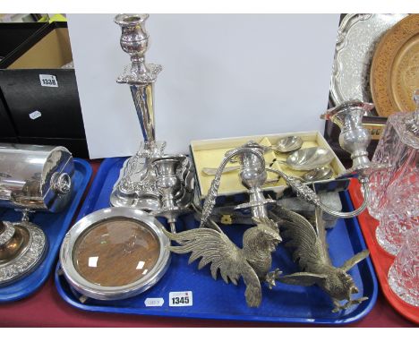 A Plated Two Branch Candelabra, circular photograph frame, cutlery, etc:- One Tray.