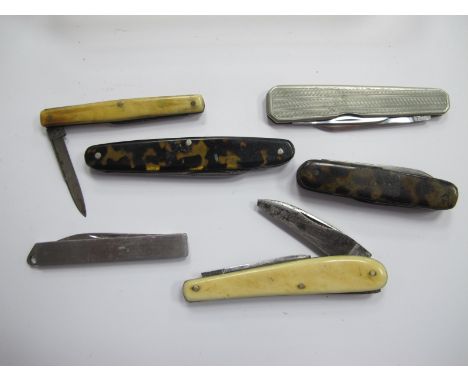 Two Early XX Century Pen Knives, with faux tortoiseshell scales, two pen knives with ivory scales, one stamped George Butler,