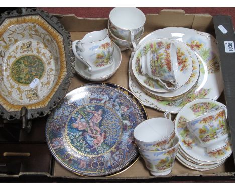 Paragon 'The Old Mill Stream' Tea Service, of twenty one pieces (some damages), Comport collectors plates and stands.,