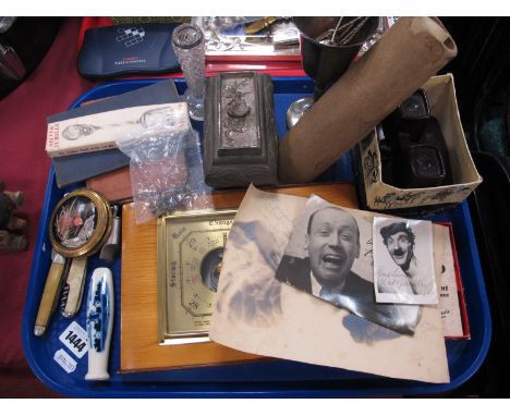 Signed Photograph's barometer, goblet, viewer, pen knives,Kigu compact, white metal box, etc:- One Tray.
