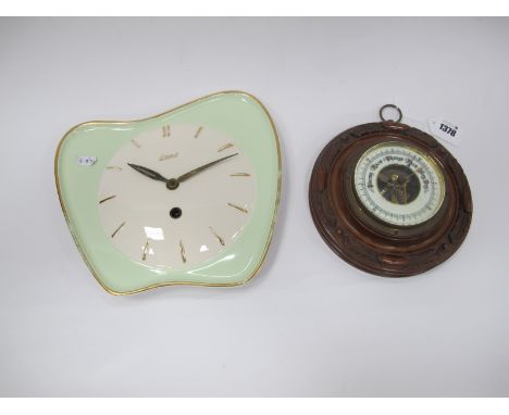 Exact Pottery Cased Wall Clock '576 FG', impressed 4601, 26cm wide, Walnut wall barometer. (3).