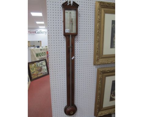 Cattely &amp; Co of London Mahogany Stick Barometer, with silvered dial, satinwood stringing, brass finial between broken arc
