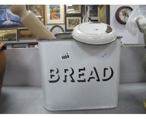 Enamelled Bread Bin, rolling pin, masher.