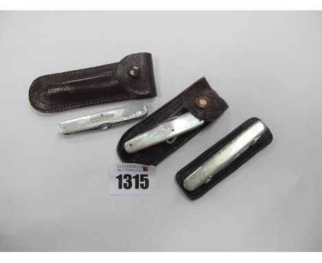 Pocket Knives - Bennett and Heron two blades, scissors, mother of pearl scales, brass linings 6.5cm in leather case, Moseley,