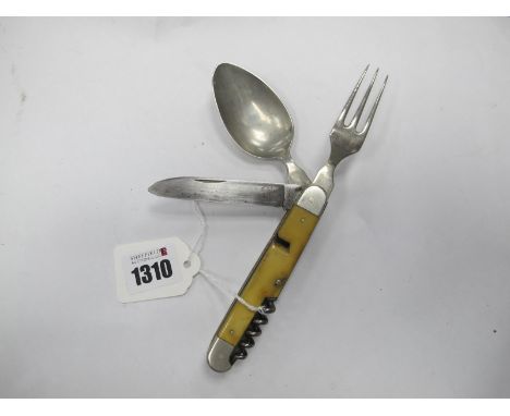 Campaign Set, three piece detachable knife, fork, spoon, corkscrew, ivory scales, brass worked linings, 11cm closed. 