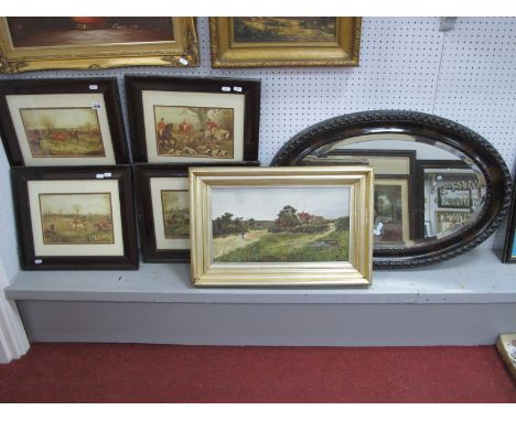 Four Hunting Prints 16.5 x 24cm, E, Elllis, figures on a country track, oil on canvas, 24.5 x 44.5cm, oval wall mirror. (6).