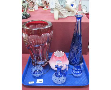 A Ruby and Clear Cut Glass Vase, blue and clear glass tapering decanter, blue clear glass jug, bowl, oil, etc:- One Tray.