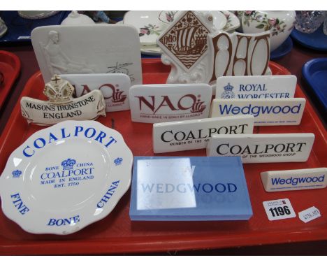 Ceramic Advertising Shop Display Signs, Lladro 14.5cm wide, Mason's Ironstones, Coalport, Nao, Wedgwood plus one in plastic (