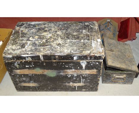 A painted pine tool box, a Moore &amp; Wright micrometer, one other and a small quantity of tools. 