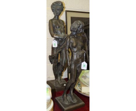 R Moll, two contemporary bronzed cold-cast resin sculptures of standing naked female figures, 63cm and 51cm high, both signed