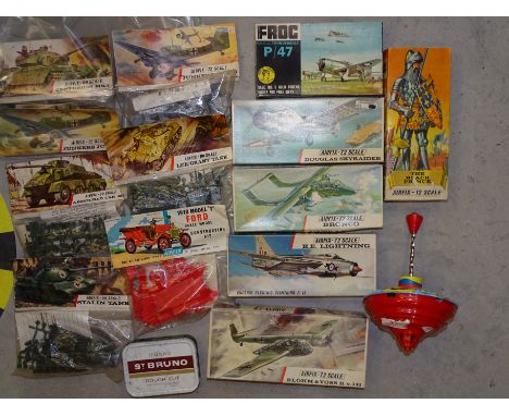 Seven bagged Airfix construction kits: tanks, armoured car, Model T Ford, etc, four boxed 72 scale kits and other kits, some 