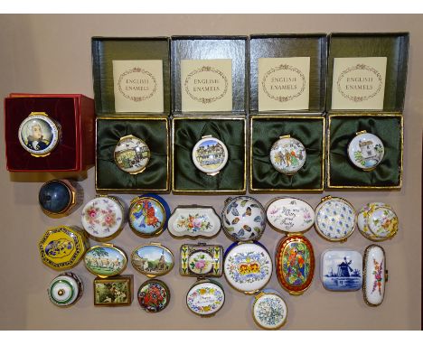 Twenty-six 20th century enamel and ceramic pill boxes by Crummles, Del Prado, Staffordshire Enamels and others. 