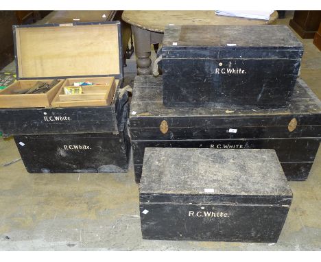 Four dockyard rope-handled tool boxes, one other and various tools. 