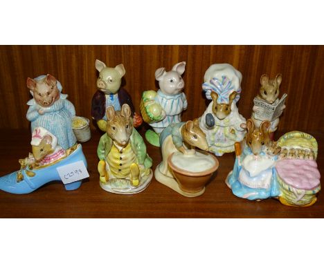 Eight Beswick Beatrix Potter figures,&nbsp;all with gold oval backstamp:&nbsp;Aunt Pettitoes, Pigling Bland, Little Pig Robin