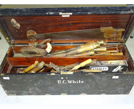 A Norris style bronze, steel and mahogany plane, various shipwright's and other tools in tool box. 