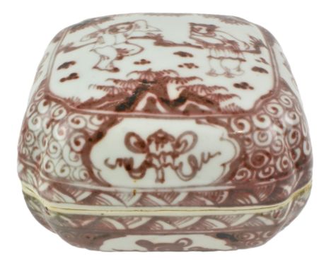 A Ming dynasty porcelain uderglazed red ceramic box / seal paste box with cover. The square-shaped box decorated with two pla