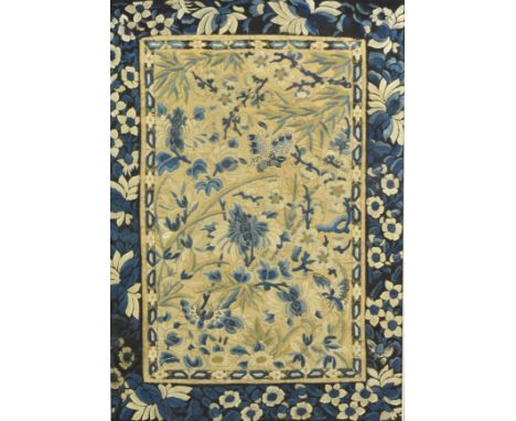 An early 20th century Chinese silk embroidered panel. The embroidery has a beige ground colour depicts a scene of butterfiles