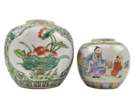 Two Republic period ceramic ginger jars. The lot to include an early Republic ovoid shaped wucai ginger jar decorated with tw