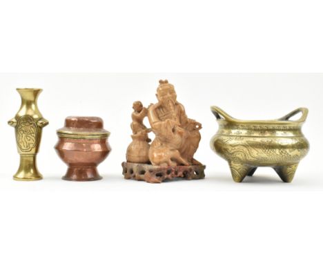 A collection of three Chinese bronzes and soapstone figurine pieces. The lot to include a late Qing dynasty bronze tripod cen