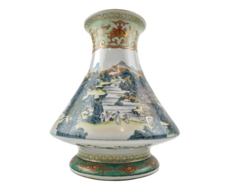 A Japanese Meiji period Kutani ceramic vase. The vase has a slight flared mouth rim, cone-shaped body raised on a waisted foo