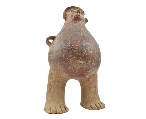 A Chinese Neolithic Majiayao culture pottery painted vessel. The water/wine vessel modelled in an anthropomorphic figure, wit