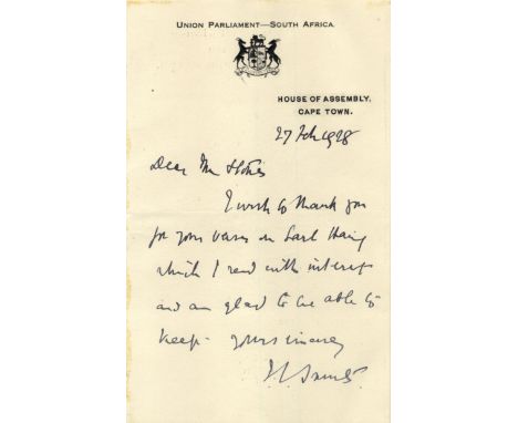 SMUTS JAN C.: (1870-1950) South African Prime Minister 1919-24, 1939-48. Smuts served as a British Field Marshal during World