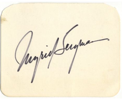 BERGMAN INGRID: (1915-1982) Swedish Actress, Academy Award winner. Bold black ink signature ('Ingrid Bergman') on a 12mo whit