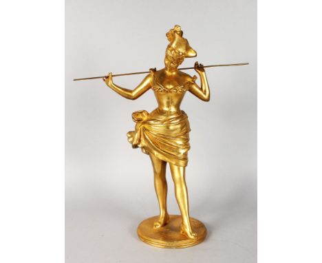 VAN DER STAGLEY A GOOD GILDED BRONZE OF A DANCER holding a stick, on a circular base. Signed.  17ins high.