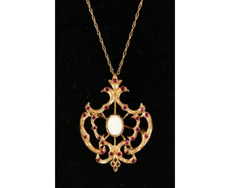 A 9CT GOLD, OPAL AND RUBY SET PENDANT AND CHAIN, (with brooch fitting).
