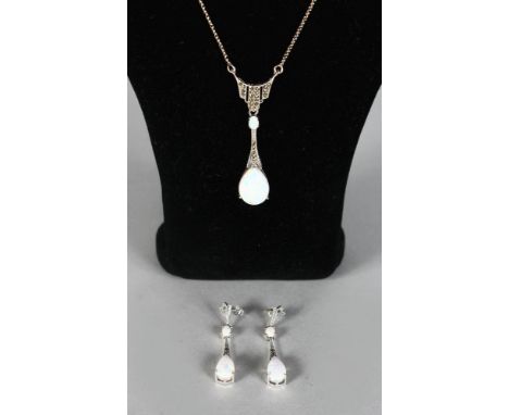 A SILVER AND GILSON OPAL ART DECO DESIGN NECKLACE AND DROP EARRINGS.