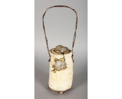 A GOOD CHINESE IVORY SHIBYAMA BASKET with mother-of-pearl flowers and silver rustic handle.