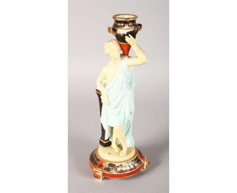 A WORCESTER CANDLESTICK, a maiden carrying an urn. 9.5ins high.