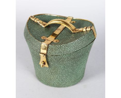 A FAUX SHAGREEN HAT BOX TEA CADDY, with brass handle and mounts. 5ins high.