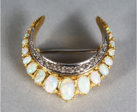 AN 18CT GOLD, DIAMOND AND OPAL CRESCENT BROOCH.