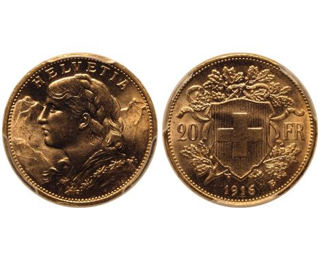 SWITZERLAND. Gold 20 Francs, 1916. Bern. Bust portrait of a female personification of Helvetia facing left; Alps in backgroun