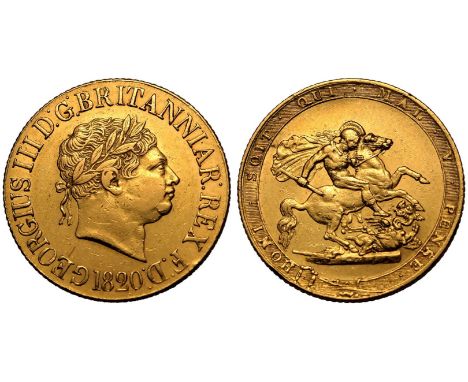 UNITED KINGDOM. George III, 1760-1820. Gold Sovereign, 1820. London. Closed 2. Laureate head right; compact date in exergue, 