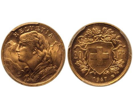 SWITZERLAND. Gold 20 Francs, 1947. Bern. Bust portrait of a female personification of Helvetia facing left; Alps in backgroun