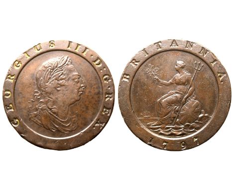 GREAT BRITAIN. George III, 1760-1820. Copper Twopence, 1797. Soho Mint. Head of George III facing right; GEORGIUS III · D:G ·