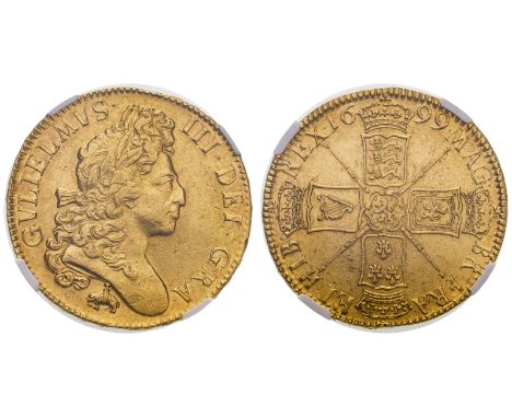 ENGLAND. William III, 1694-1702. Gold 5 Guineas, 1699. London. Elephant &amp; Castle. The rarest five guinea piece of William