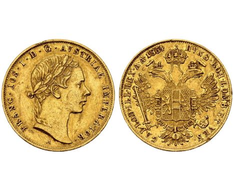 AUSTRIA. HABSBURG. Franz Joseph I, 1848-1916. Gold 1 Ducat, 1854 A. Vienna . Laureate portrait facing right, mint mark below 