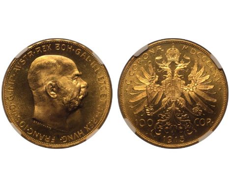 AUSTRIA. HABSBURG. Franz Joseph I. Gold 100 Corona, 1915. Vienna. Bared headed portrait facing right, engraver by Stefan Schw