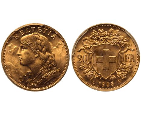 SWITZERLAND. Gold 20 Francs, 1935 L. Bern. Around 20 million coins dated "L 1935 B", with the "L" standing for "lingot" (bull