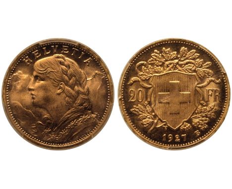 SWITZERLAND. Gold 20 Francs, 1927. Bern. Bust portrait of a female personification of Helvetia facing left; Alps in backgroun
