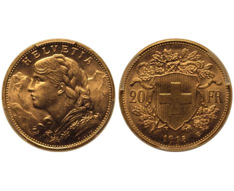 SWITZERLAND. Gold 20 Francs, 1915. Bern. Bust portrait of a female personification of Helvetia facing left; Alps in backgroun