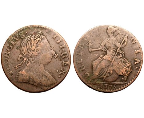 GREAT BRITAIN. George III, 1760-1820. Copper Halfpenny, 1775. Laureate bust facing right. Legend reads GEORGIVS· III· REX·. /