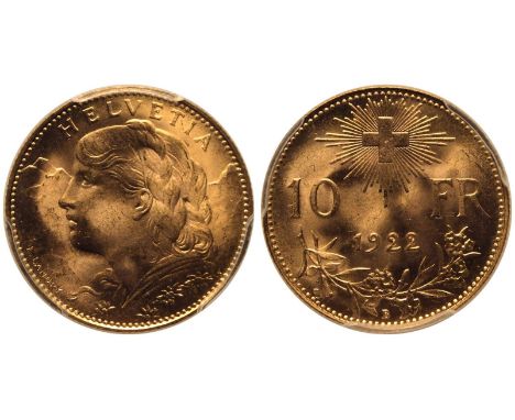 SWITZERLAND. Gold 20 Francs, 1922. Bern. Bust portrait of a female personification of Helvetia facing left; Alps in backgroun