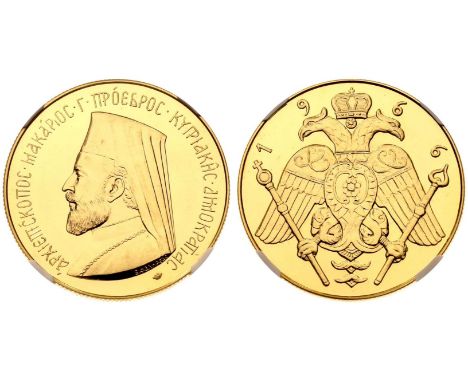 CYPRUS. Makarios III, 1960-77. Gold 5 Pounds (5 Sovereigns), 1966. The Paris Mint. Proof. Portrait of Archbishop Makarios III